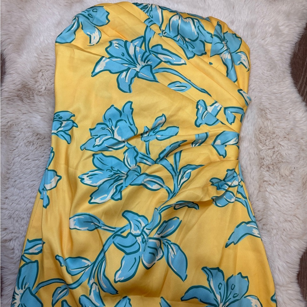 Peppermayo Strapless Yellow and Blue Floral Dress